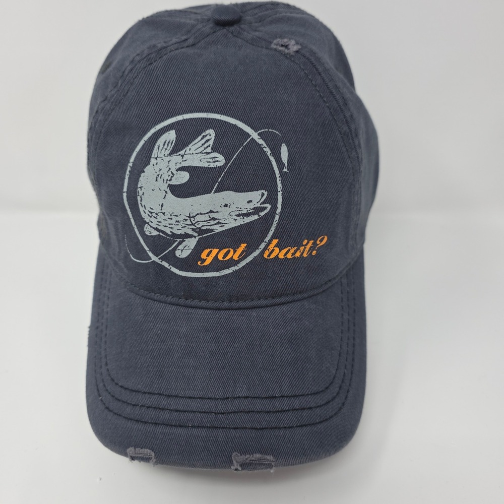 Got Bait? Fishing Hat OSFM Adjustable Snapback Cotton Distressed Navy Blue Cap